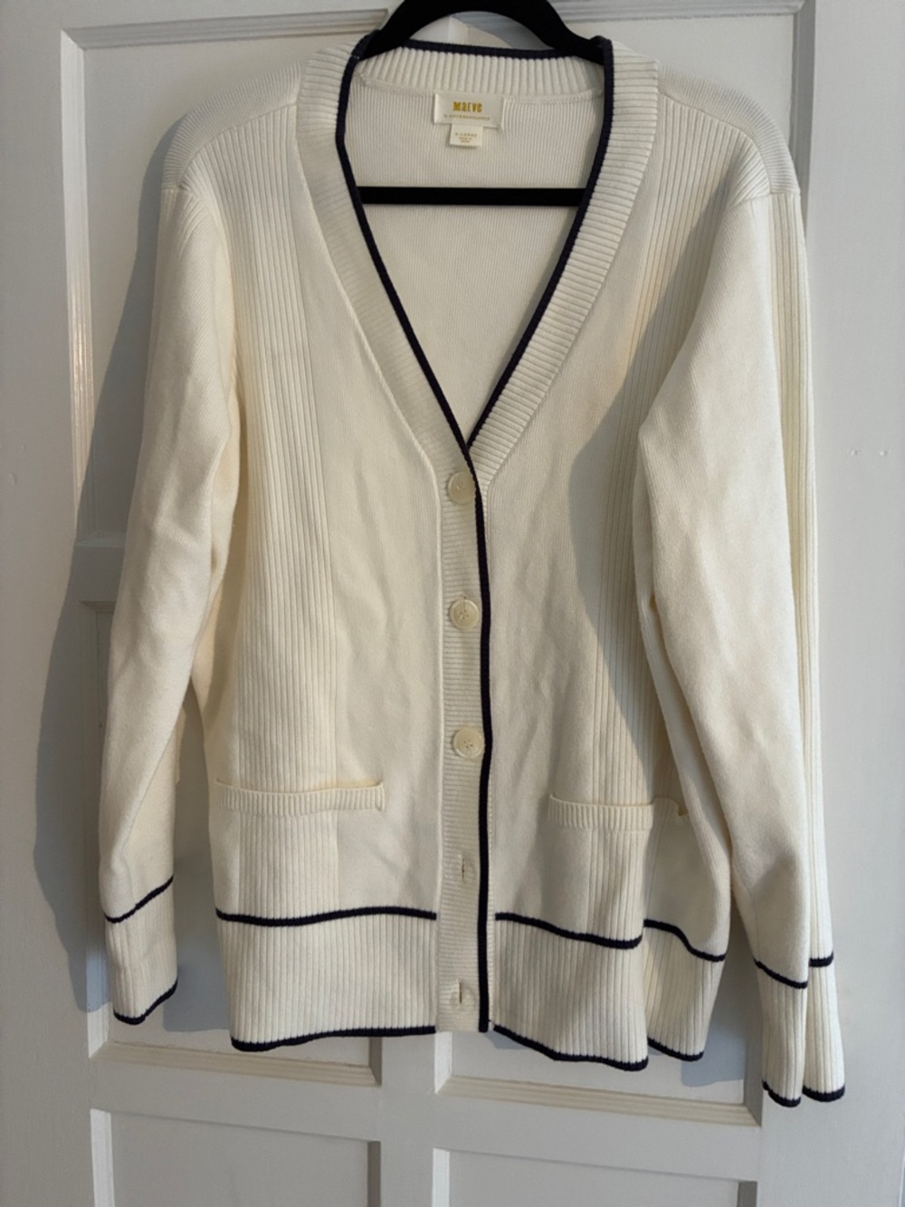 Maeve by Anthropologie Cream Cardigan with Navy Contrast Trim